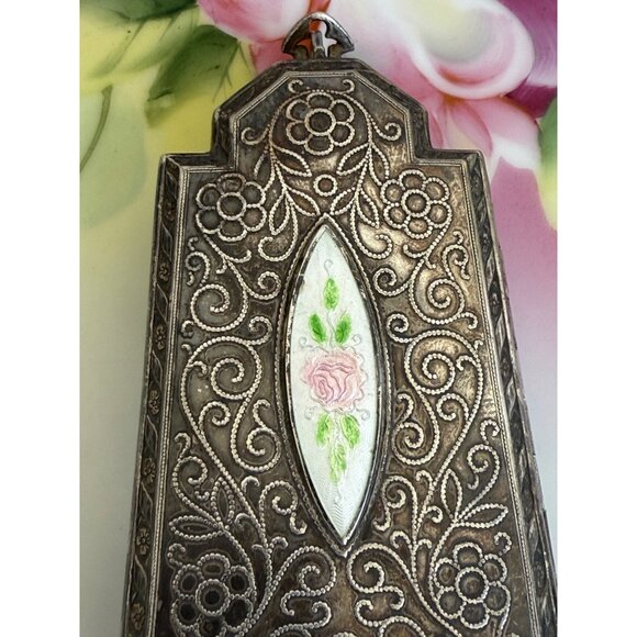 Antique 1910s Compact Coin Purse Silverplate Guilloche Enamel - Picture 2 of 16